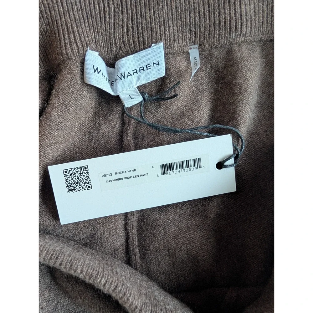 NWT White + Warren 100% Cashmere Wide Leg Pant Size L Mocha Heather #9N606